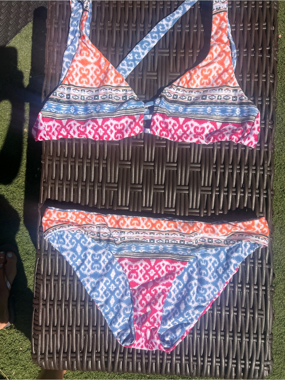 Colorful Patterned Two-Piece Bikini - Orange, Pink & Blue. REVERSIBLE